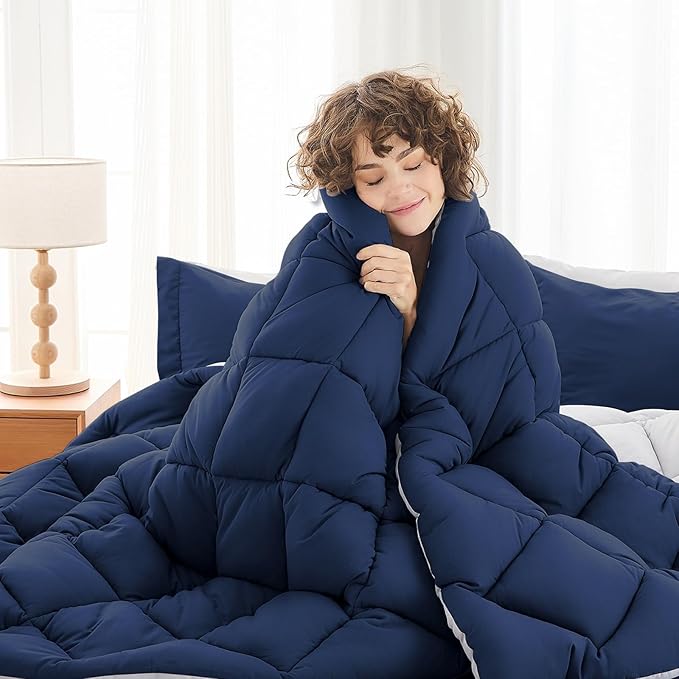 MUXHOMO 5 Pieces Twin XL Comforter Set, Reversible Bed in a Bag Twin XL Size, All Season Bedding Set with Comforter, Flat Sheet, Fitted Sheet, Pillowcases & Shams, Navy & Light Grey