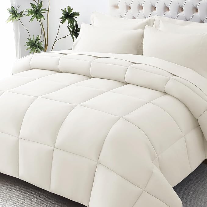 JOLLYVOGUE California King Comforter Set, Ultra-Soft Bed in a Bag Cal King Size 7 Pieces, Oeko-TEX Certified Bedding Set with Down Alternative Comforter, Sheets, Pillowcases & Shams, Ivory