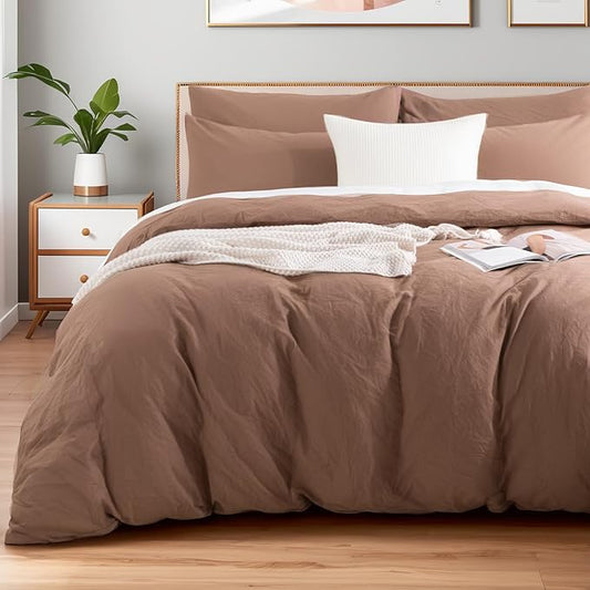 NEXHOME PRO Duvet Cover Set 100% Washed Cotton Oversized King 120"x98" Linen Feel Textured Organic Natural 3 Pieces Bedding Set Mocha Brown with Zipper Closure, Breathable(No Comforter)