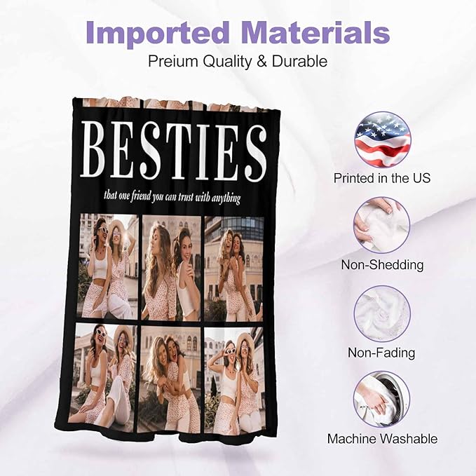 Custom Blankets with Photos and Text, 9 Photos Custom Blankets Best Friend Blanket for Birthdays Christmas Best Friend Sister BFF Girls, 8 Sizes