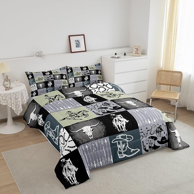 Western Cowboy Comforter Set Kids Teens Vintage Farmhouse Bedding Set Teal Green Western 3D Geometric Quilt Set Bedroom Decoration King Size 1 Comforter Set 2 Pillowcases