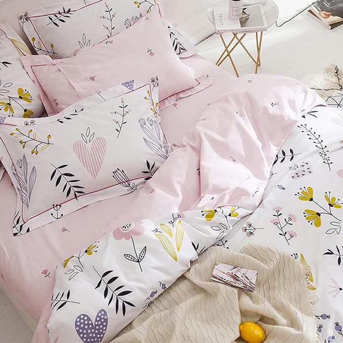HighBuy Girls Duvet Cover Twin Floral Aesthetic Bedding Set White Pink Premium Cotton Teens Flower Kids Coquette Bedding Set Comforter Cover Soft Branches Boho Bedding Collection Pink