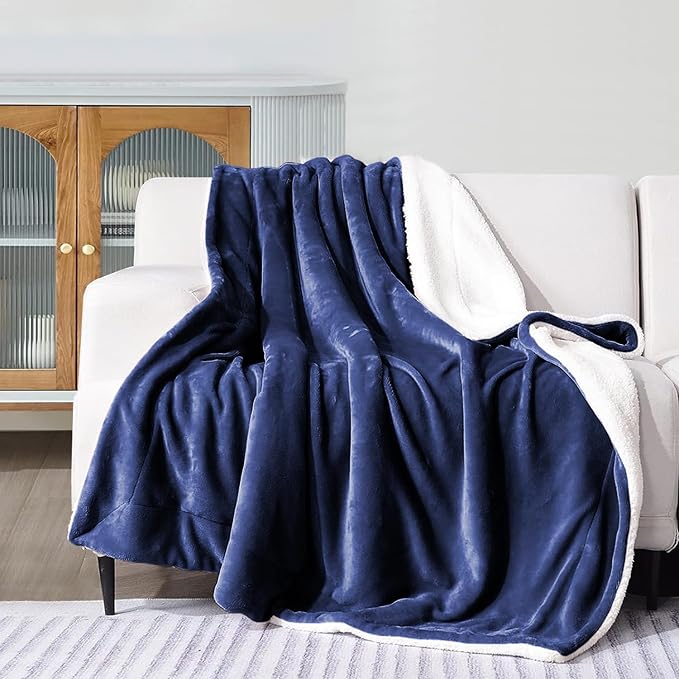MOONLIGHT20015 Navy Sherpa Fleece Throw Blanket Twin Size for Bed - Wholesale Bulk Pack of 12 Sherpa Blankets - Soft Fluffy Throw Blankets for Hotels, Guest Bedroom, 60x80 Inches