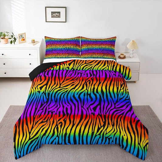 Feelyou Zebras Skins Comforter Rainbow Zebra Stripes Bedding Set Colorful Zebra Pattern Comforter Set for Kids Adults Zoo Animal Fur Print Duvet Set Ultra Soft Room Decor Queen Size Quilt Set
