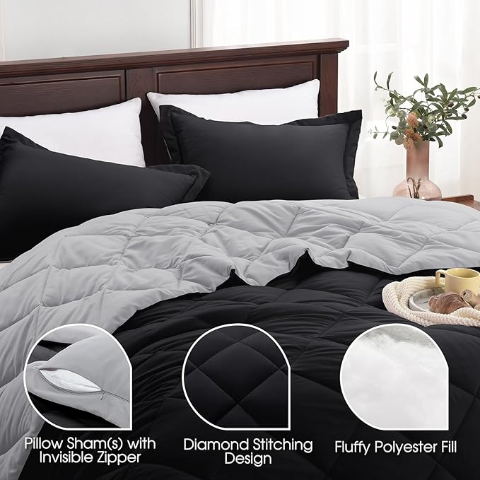 Beyond Basic Twin Comforter Set - Reversible All Seasons, Black/Grey, 1 Comforter (66"x92") and 1 Pillow Sham (20"x26"+2")