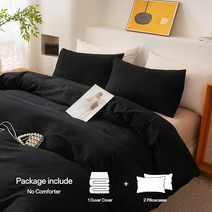 ECOCOTT 3 Pieces Duvet Cover Queen Size 100% Washed Cotton 1 Duvet Cover with Zipper and 2 Pillowcases, Ultra Soft and Easy Care Breathable Cozy Simple Style Bedding Set (Black,Queen)
