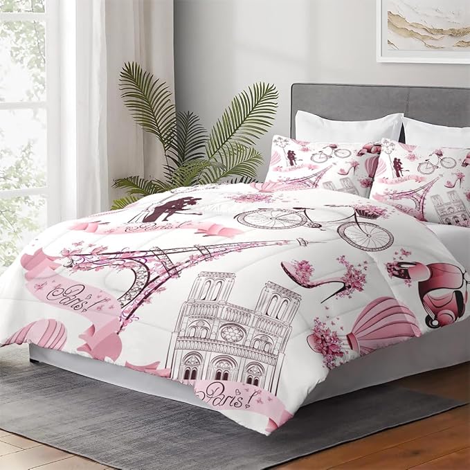 Queen Size Comforter Set with 2 Pillowcases, Vintage Paris Eiffel Tower Love Soft 3 Pcs Bedding for Kids and Adults Bedroom Bed Decor