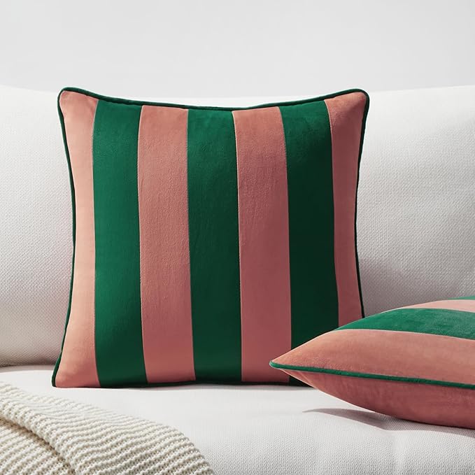 MONDAY MOOSE Decorative Throw Pillow Covers Cushion Cases, Set of 2 Soft Velvet Striped Piping Edge Designs, Pillow Inserts Not Included (18x18 inch, Pink/Green)