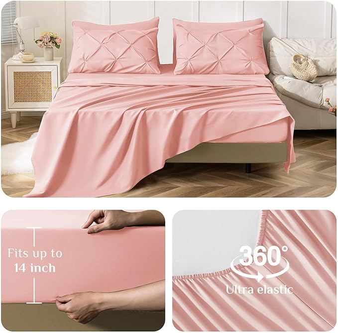 JOLLYVOGUE Queen Comforter Set 7 Pieces - Bed in a Bag Queen for All Season, Pintuck Bedding Comforter Sets with Comforter, Flat Sheet, Fitted Sheet and Pillowcases & Shams, Pink