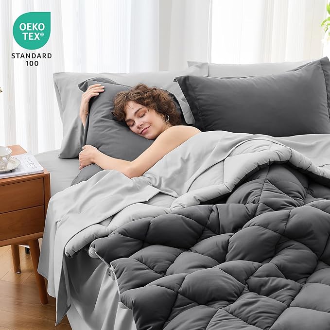 MUXHOMO 7 Pieces Oversized Queen Comforter Set, Reversible Bed in a Bag Oversized Queen Size, All Season Bedding Set, Flat Sheet, Fitted Sheet, Pillowcases & Shams, Dark Grey & Light Grey