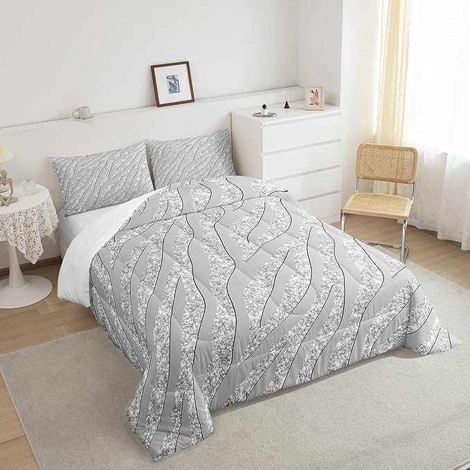 Feelyou Leopard Print Comforter Set Grey Silver Zebra Print Bedding Set Cheetah Glitter Comforter for Kids Boys Girls Women Africa Animal Fur Quilt Room Decor Duvet Set for All Season Twin Size Boys