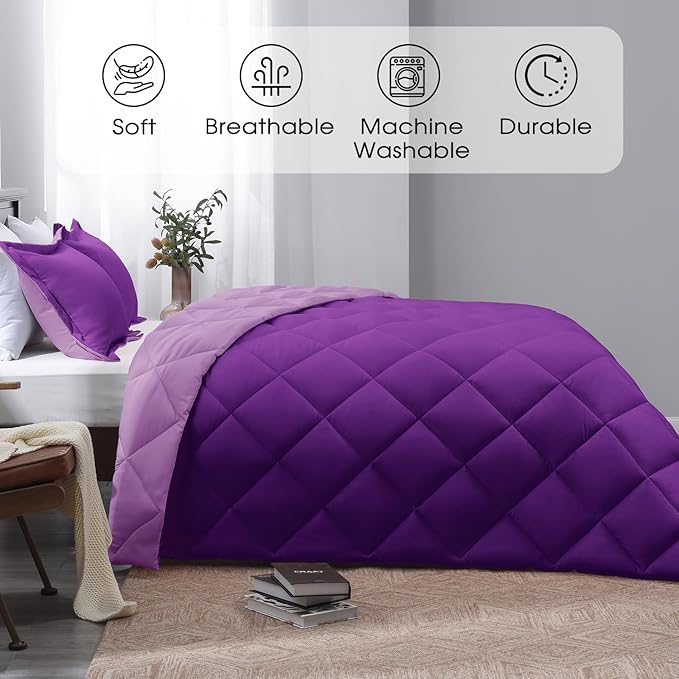 Basic Beyond Queen Comforter Set - Reversible Purple/Lilac Comforter (88"x92") and 2 Pillow Shams (20"x26"+2") for All Seasons