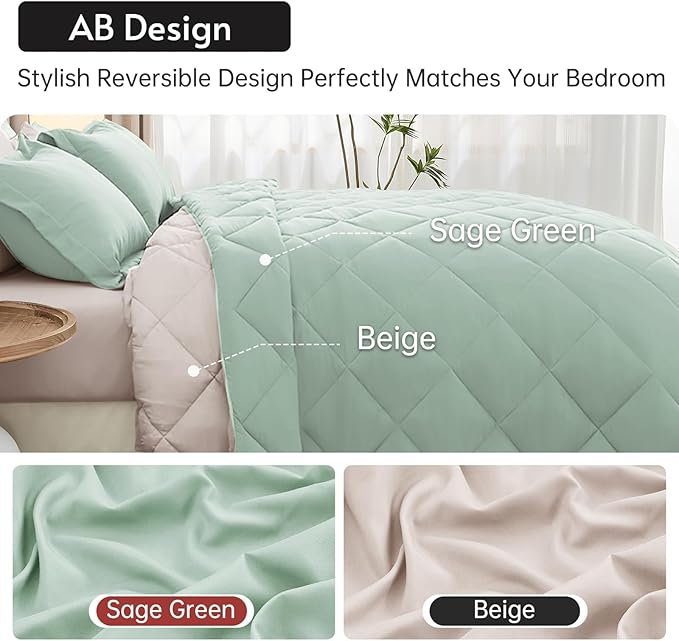 MUXHOMO 7 Pieces California King Comforter Set, Reversible Bed in a Bag Cal King Size, All Season Bedding Set with Comforter, Flat Sheet, Fitted Sheet, Pillowcases & Shams, Sage Green & Beige