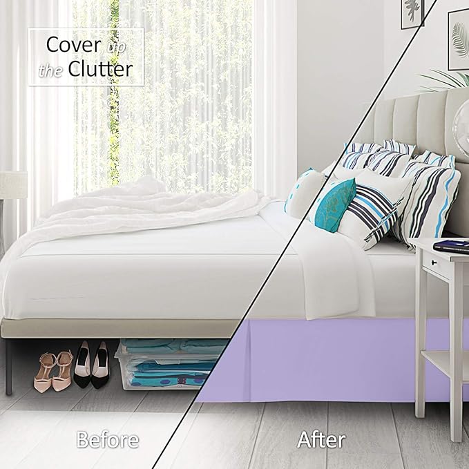 Bed Skirt - 25 Inch Fall Tailored Drop Pleated Dust Ruffle, 100% Egyptian Cotton - Solid Pattern and Color ( Queen, Solid, Lavender)