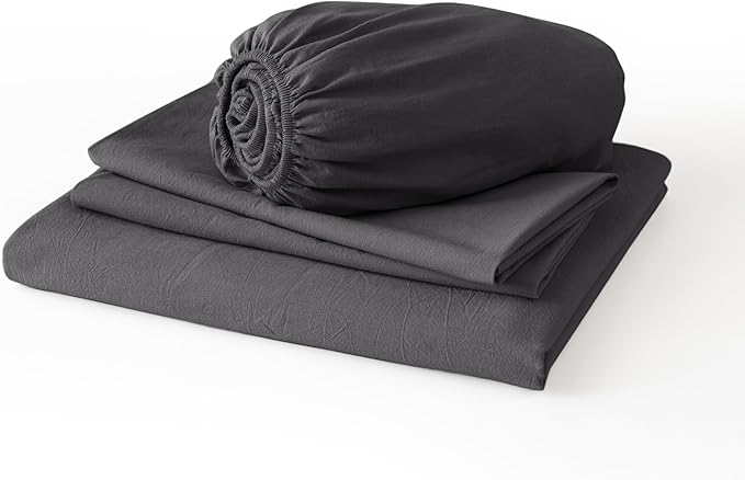 JIYUAN 100% Washed Cotton Sheet Set 4 Pieces Queen,1 Fitted Sheet,1 Flat Sheet and 2 Pillowcases,Comfy and Breathable Linen Like Bedding Set,Heathered Dark Grey