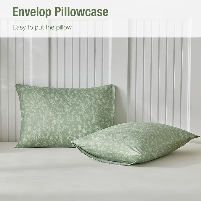 Lekesky Queen Size Duvet Cover Set, White Floral Pattern Queen Size Duvet Cover, 3 Piece Green Comforter Cover with Zipper, Ultra Soft Microfiber Bedding Set with 2 Pillowcases