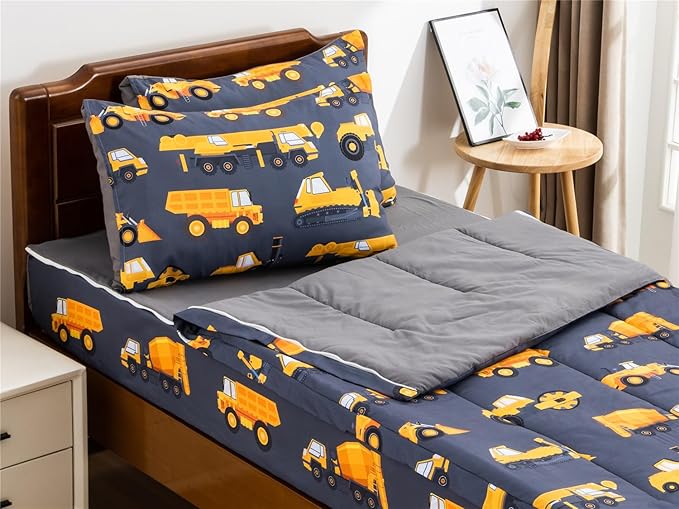 NTBED Construction Truck Printed Zipper Bedding Sets Twin Lightweight Microfiber Car Comforter Sets with Fitted Sheet Pillow Covers,Dark Grey