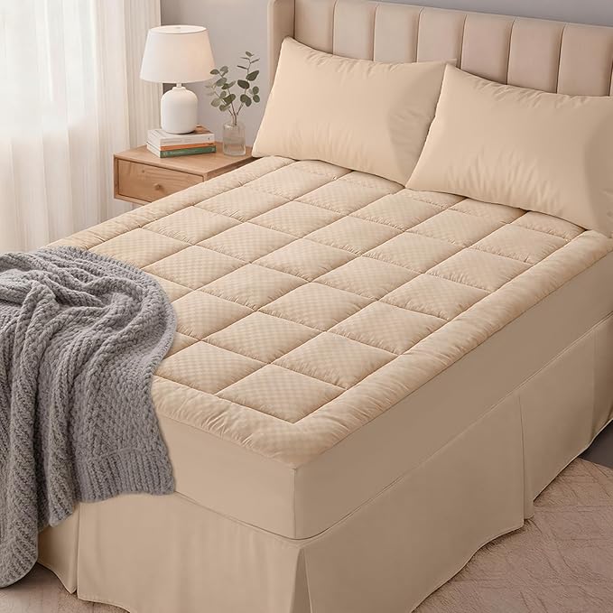 OLANLY California King Quilted Fitted Mattress Pad, Elastic Fitted Mattress Topper, Cooling Soft Mattress Cover Stretches up to 21 Inches Deep, Machine Washable Mattress Protector (72x84 inch, Beige)