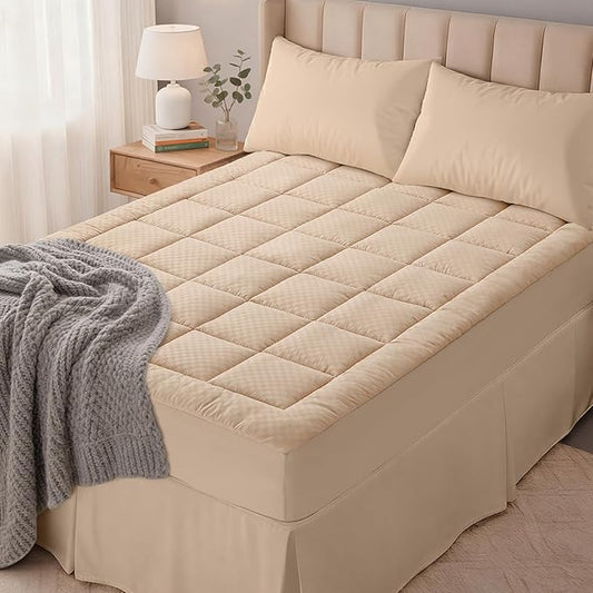 OLANLY Twin XL Quilted Fitted Mattress Pad, Elastic Fitted Mattress Topper, Cooling Soft Mattress Cover Stretches up to 21 Inches Deep, Machine Washable Mattress Protector (39x80 inch, Beige)