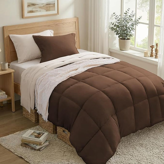 Anluoer Twin Comforter Set,Brown&Beige Bed in a Bag 5 Piece,Lightweight Bedding Set with Soft Down Alternative Fill,Bed Set Includes Comforter, Fitted Sheet, Flat Sheet,Pillowcase and Sham