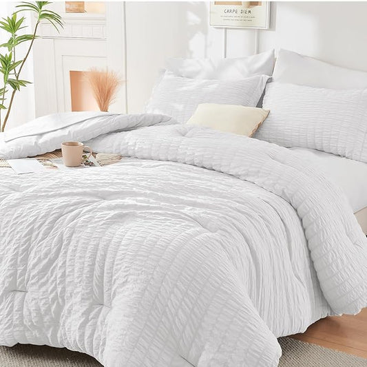 HYMOKEGE White California King Comforter Set Seersucker 7 Pieces, All Season Luxury Bed in a Bag for Bedroom, Bedding Set with Comforters, Sheets, Pillowcases & Shams