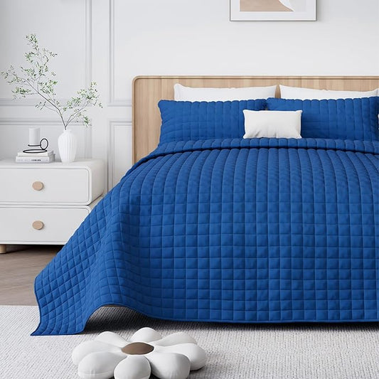 Luxury Velvet Quilt Set Queen Size, Comforter Set with Pillow Shams, Soft Lightweight Bedspread Coverlet Bedding Sets for All Seasons, Navy Blue