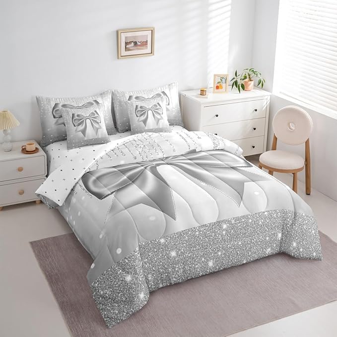 Feelyou Bowknot Comforter Set Queen Size 7 Pieces Dreamy Princess Bedding Set for Kids Boys Girls Glitter Bed in a Bag with Comforter, Sheets, Pillowcases, Cushion Covers Cute Bow Quilted Soft