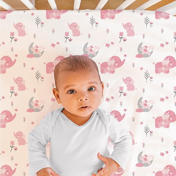 The Peanutshell 3 Piece Baby Crib Bedding Set for Girls - Newborn, Infant & Toddler Nursery Bed Set Decor with Fitted Crib Sheet, Dust Ruffle Comforter - Pink Elephant