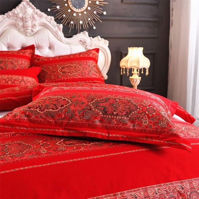 ABREEZE Cal.King Duvet Covers, Bohemian Retro Bedding Set, Coloful Mandala Down Comforter Cover, Boho Floral Style Quilt Cover, 100% Brushed Cotton, 1 Duvet Cover and 2 Pillow Shams,Red