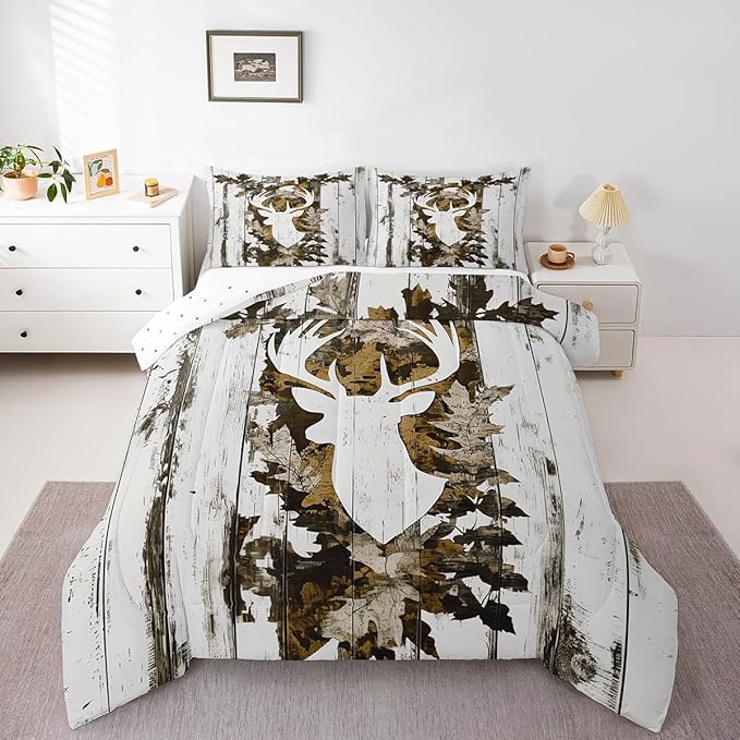Feelyou Camo Deer Comforter Set Toddler Size Deer Antlers Army Camouflage Bedding Set Boys Girls Hunting Comforter Set Animal Duvet Insert Bed Set 2Pcs