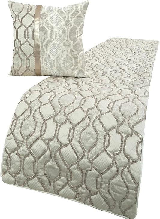 The HomeCentric King/Queen/Twin Ivory & Silver Decorative Twin 53"x18" Bed Runner with Pillow Cover, Lattice & Quilted Bed Scarf on Jacquard Silk Fabric - Ivory Delicacy