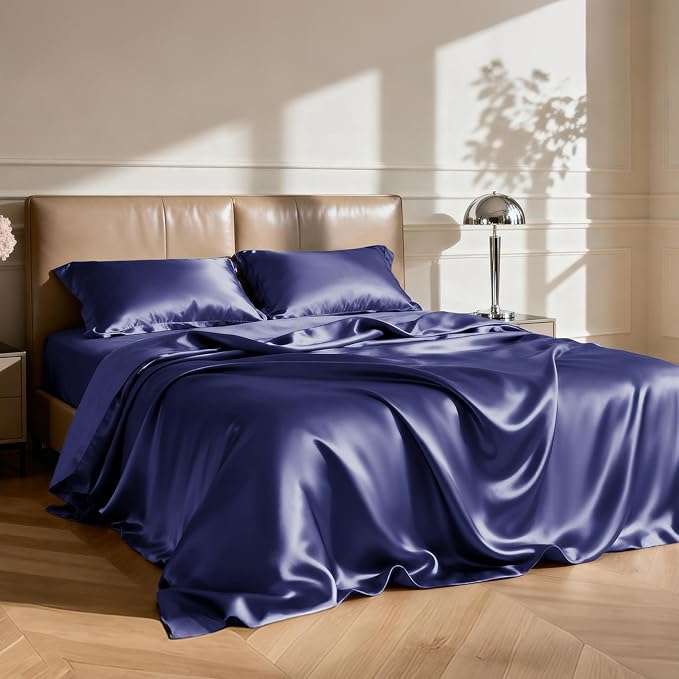 Love's cabin Satin Queen Sheets Set - 4 Piece Navy Blue Silky Bed Sheets with Deep Pocket, Luxury Silk Feel Satin Queen Size Sheet Set (1 Flat Sheet,1 Fitted Sheet,2 Pillow Cases)