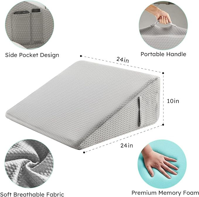 Bedluxe Wedge Pillow,10 inch Bed Wedge Pillow for Headboard, Pillow Wedge for Acid Reflux Relief, Sleeping, After Surgery, Snoring, Gerd, Triangle Pillow Wedge - Cooling Memory Foam Top, Grey