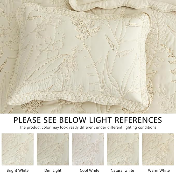 Botanical Bedspread Full Size - Leaves Pattern Stitching Quilt Set - Elegant & Fresh Style Bedding Coverlets, Reversible, Lightweight, 5 Piece, Ivory