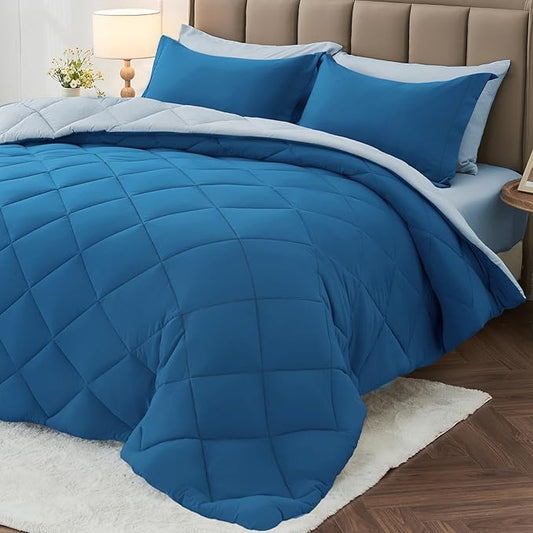 MUXHOMO 5 Pieces Twin XL Comforter Set, Reversible Bed in a Bag Twin XL Size, All Season Bedding Set with Comforter, Flat Sheet, Fitted Sheet, Pillowcases & Shams, Teal & Lake Blue