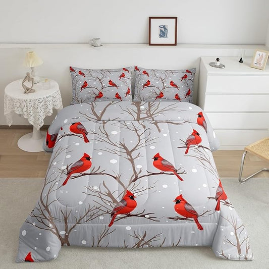 Feelyou Bird Comforter Set Red Birds Snowflakes Bedding Set Winter Landscape Cardinals Comforter for Boys Girls Child Kids Retro Bedroom Decor Tree Branches Duvet Set King Size with 2 Pillow Case