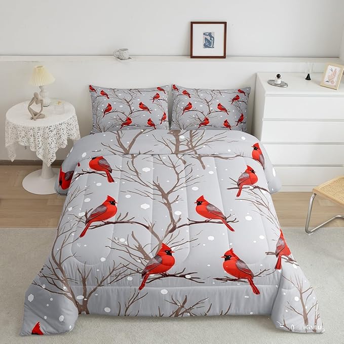 Feelyou Bird Comforter Set Red Birds Snowflakes Bedding Set Winter Landscape Cardinals Comforter for Boys Girls Child Kids Retro Bedroom Decor Tree Branches Duvet Set Queen Size with 2 Pillow Case