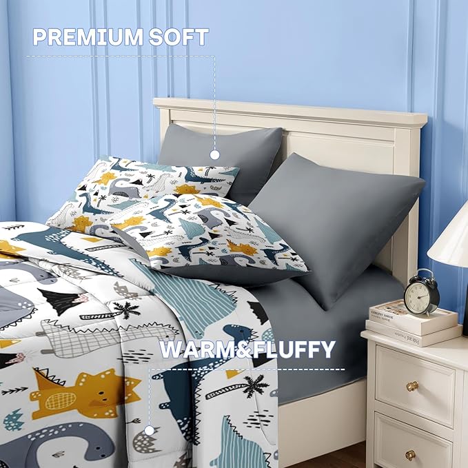 Nesker 5 Pcs Comforter Set Twin Size, Cute Dinosaur Bedding for Kids Teen, Blue Yellow Gray Dino Bedding Set with Pillowcase & Sham for Bedroom Bed Decor