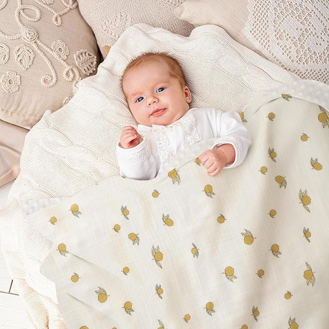 Fluffy-backed Swaddle Blankets Baby Double Layer Muslin 100% Cotton Front Nursery Plush Dotted Fleece Back Receiving Bed Quilt Blanket for Unisex Newborn Baby Toddler Boys Girls 30 x 41 Inches