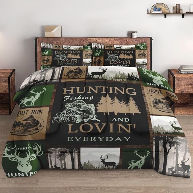 Full Size Comforter Set with 2 Pillowcases, Retro Mountains Gray Soft 3 Pcs Bedding for Kids and Adults, Deer Animal Tree Comforter Set for Bedroom Bed Decor