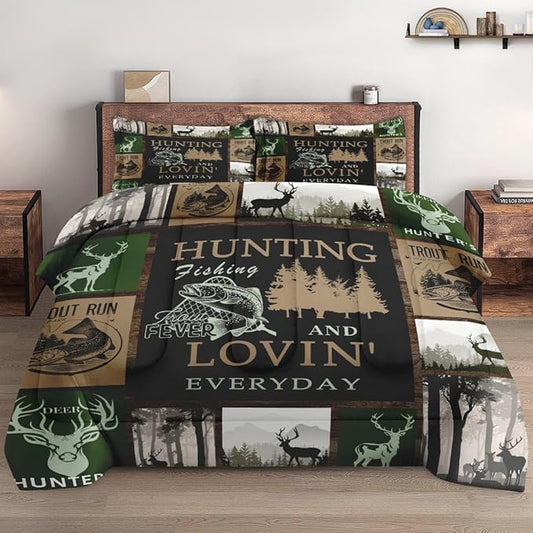 King Size Comforter Set with 2 Pillowcases, Retro Mountains Gray Soft 3 Pcs Bedding for Kids and Adults, Deer Animal Tree Comforter Set for Bedroom Bed Decor