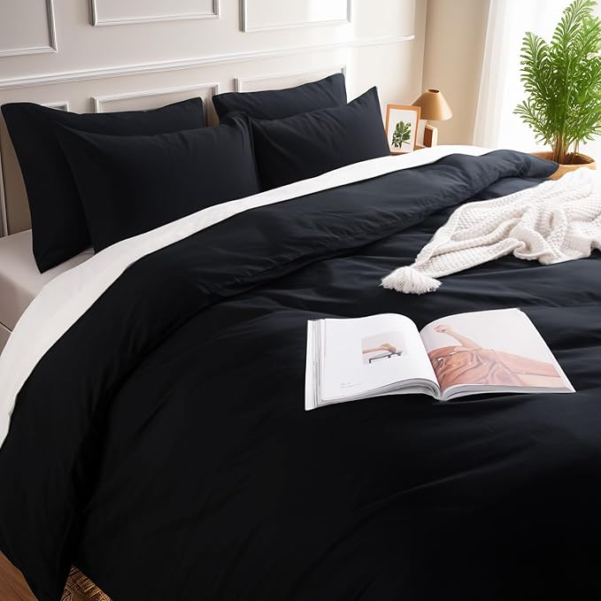 NEXHOME PRO Twin Duvet Cover Set – 100% Certified Organic Cotton with Washed Feel & Linen-Like Texture, Comfortable & Breathable, Home Bedding Set Black (No Comforter)