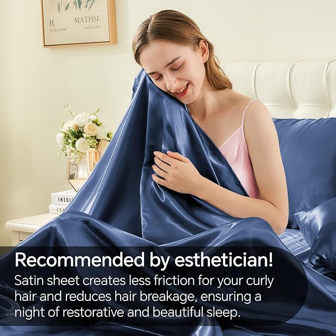 BEDELITE California King Sheets Set, Luxury Soft Navy Satin Sheets for Hair and Skin, Similar to Silk Bed Sheets Set 4 Pieces with 1 Deep Pocket Fitted Sheet, 1 Flat Sheet, and 2 Pillowcases