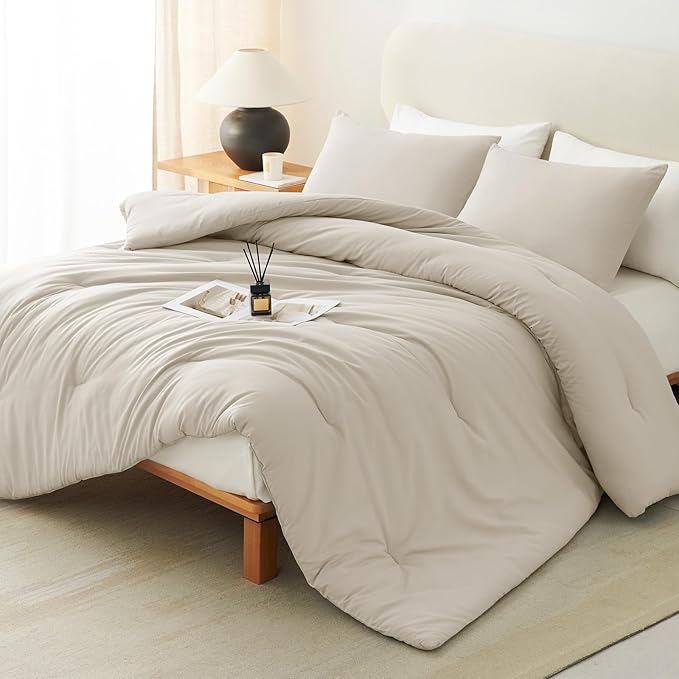CozyLux Oatmeal Queen Comforter Set, 3 Pieces Solid Breathable Quilted Style Bedding Sets, Luxury Soft Fluffy Bed Set with Down Alternative Comforter for All Season (1 Comforter & 2 Pillowcases)
