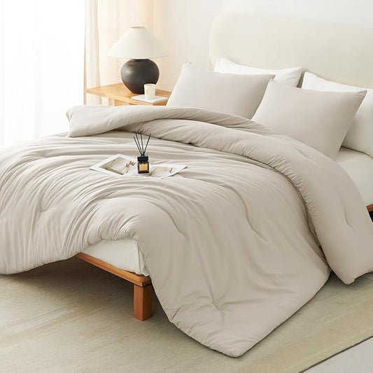 CozyLux Oatmeal Queen Comforter Set, 3 Pieces Solid Breathable Quilted Style Bedding Sets, Luxury Soft Fluffy Bed Set with Down Alternative Comforter for All Season (1 Comforter & 2 Pillowcases)