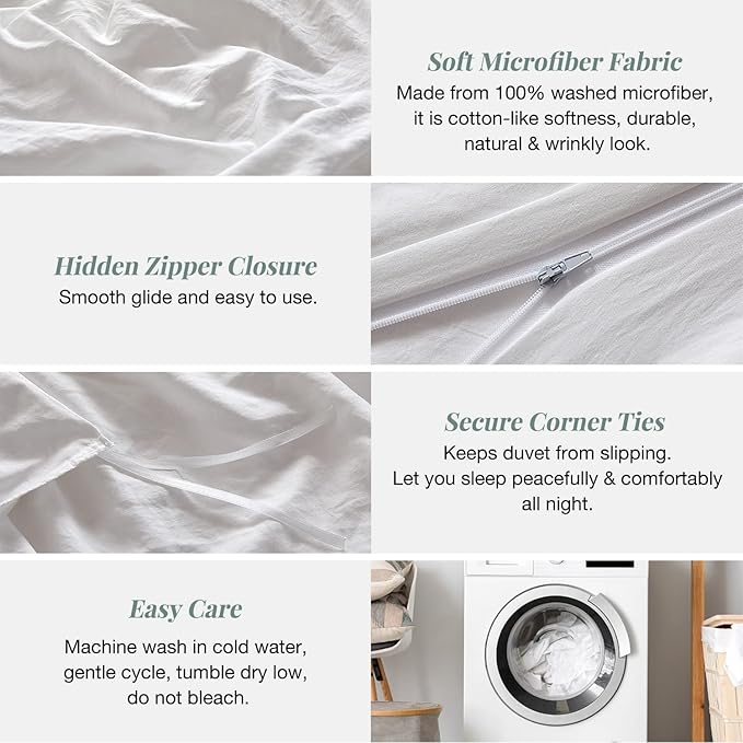 MILDLY Super Soft Duvet Cover 2pcs - 100% Washed Microfiber White Comforter Cover Set with Zipper Closure & Corner Ties (No Comforter)