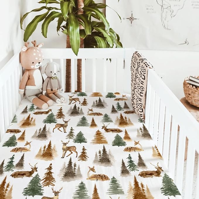 Stretchy Ultra Soft Jersey Knit Fitted Crib Sheets Set 2 Pack, Fits All Standard Crib Mattress Pads Safe and Snug, Stylish Woodland Deer Crib Sheet