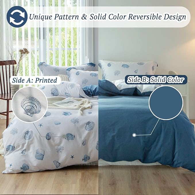 MILDLY 100% Washed Cotton Duvet Cover - Seashell Blue Comforter Cover Set Nautical Coastal Pattern Bedding Set with Zipper Closure 4 Ties Twin Size