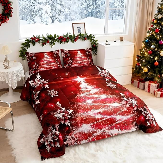 Feelyou Christmas Comforter Set Queen Size Red Christmas Tree Bedding Set Glitter Snowflake Comforter Microfiber Kids Adults Holiday Winter Duvet Quilt Xmas Room Decor