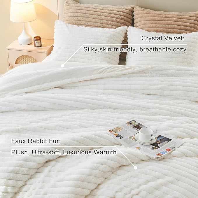 EMME Faux Fur Duvet Cover Twin Size, 2 Pieces Ultra Soft Fluffy Comforter Cover, Cozy Warm for Winter, Luxury Elegant Shaggy Striped Design Bedding, 1 Duvet Cover & 1 Pillow Shams (Twin, White)